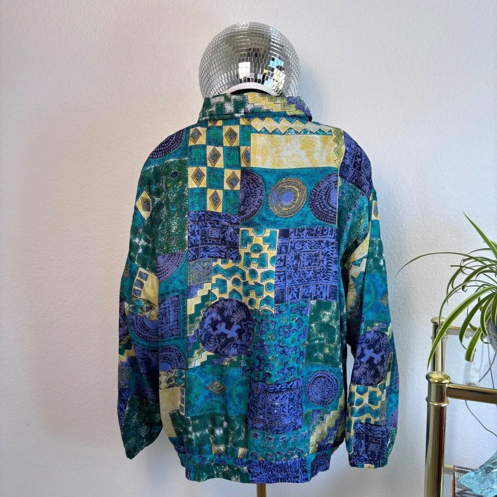 Vintage 80s 100% Silk Abstract Geometric Bomber Jacket Basic Editions Teal Large